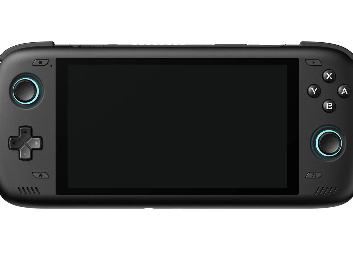 Console AYN Odin 2 noire vue de face, écran 6 pouces et sticks à effet Hall