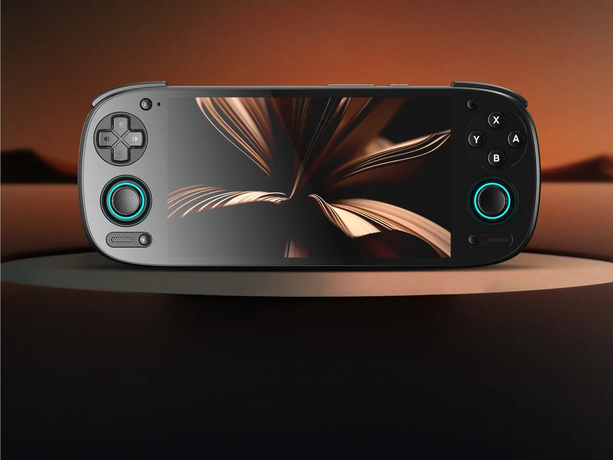 Console Retroid Pocket 5 noire vue de face, écran AMOLED 5,5 pouces