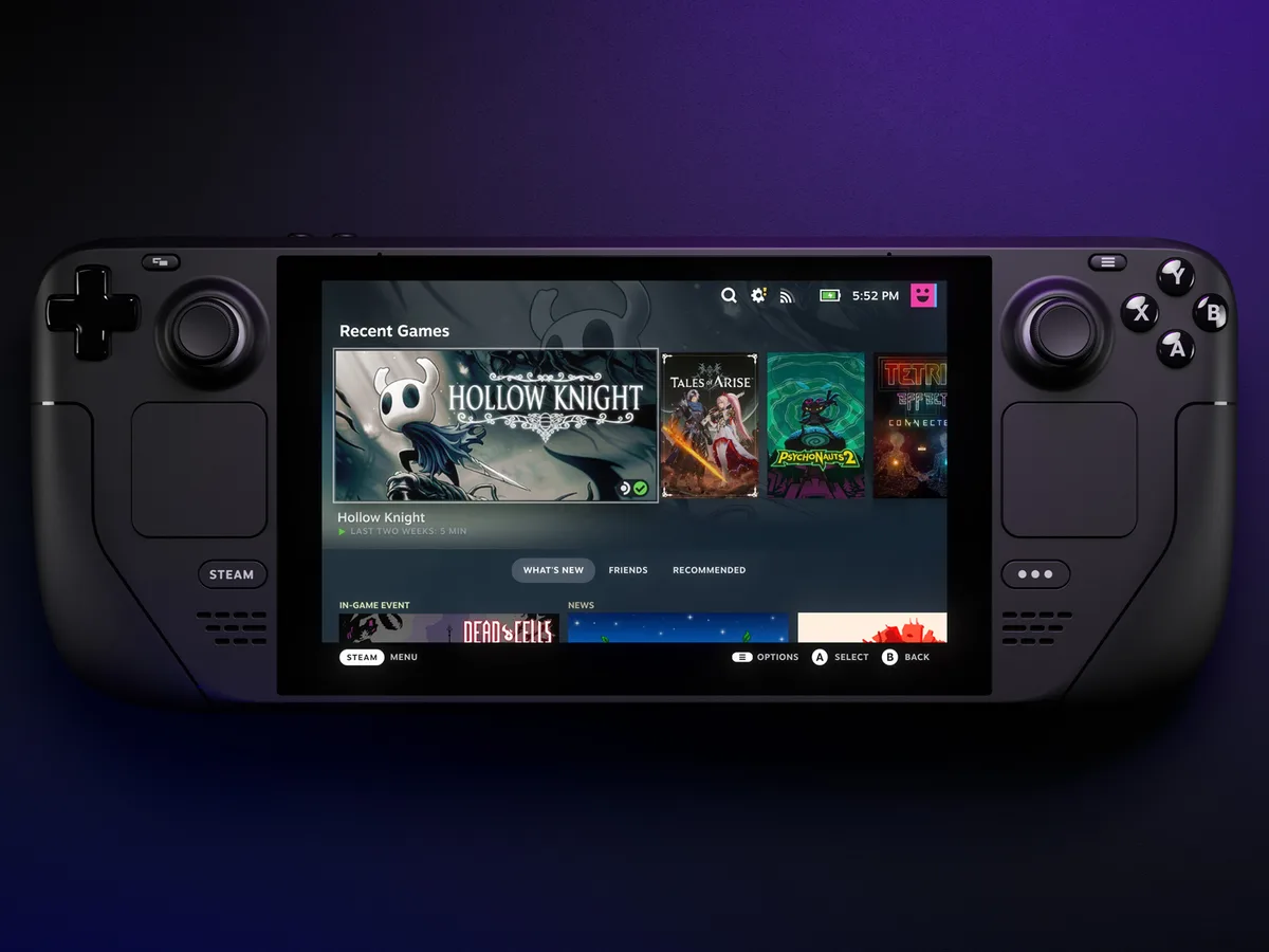 Steam Deck OLED vue de face avec l'interface SteamOS à l'écran